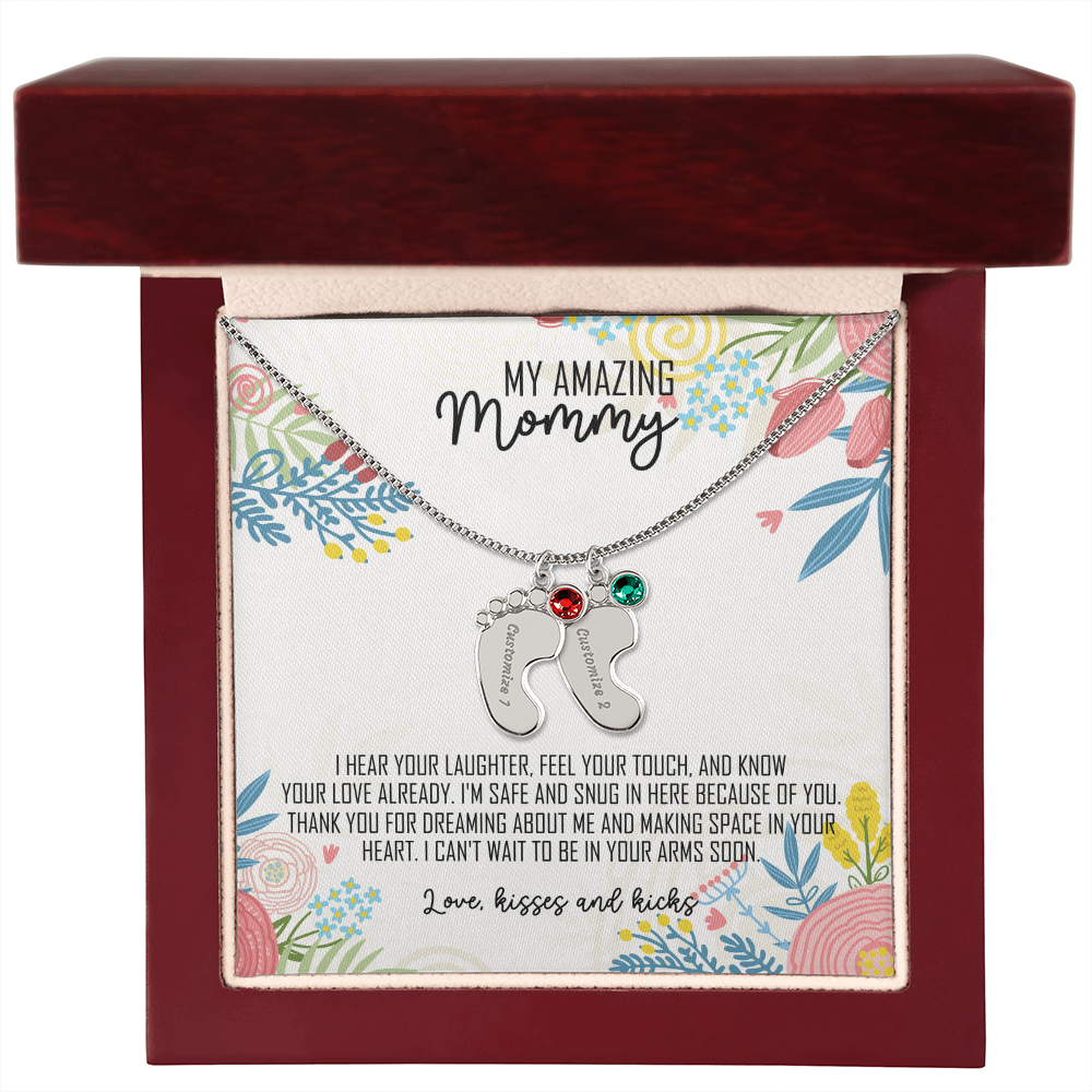 To My Amazing Mommy Baby Feet Necklace with Birthstone – Personalized Gift for Mom – Custom Baby Feet Jewelry