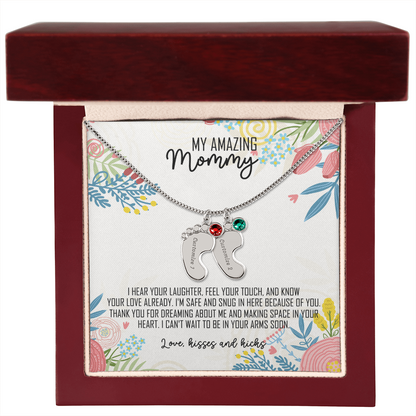To My Amazing Mommy Baby Feet Necklace with Birthstone – Personalized Gift for Mom – Custom Baby Feet Jewelry