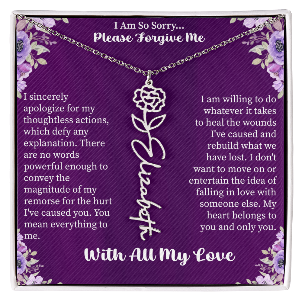I'm So Sorry Please Forgive Me Flower Name Necklace – Apology Gift – Personalized Floral Name Jewelry with Message Card