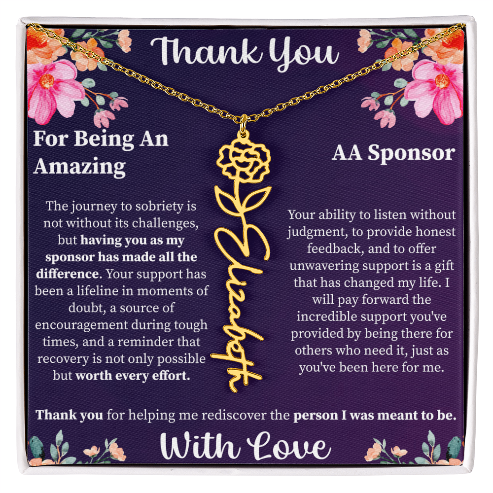 Thank You Flower Name Necklace – Personalized Appreciation Gift – Custom Floral Name Jewelry with Message Card