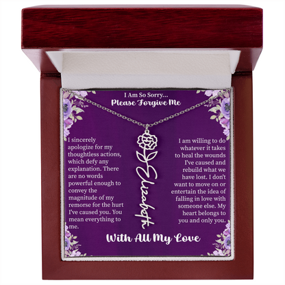 I'm So Sorry Please Forgive Me Flower Name Necklace – Apology Gift – Personalized Floral Name Jewelry with Message Card