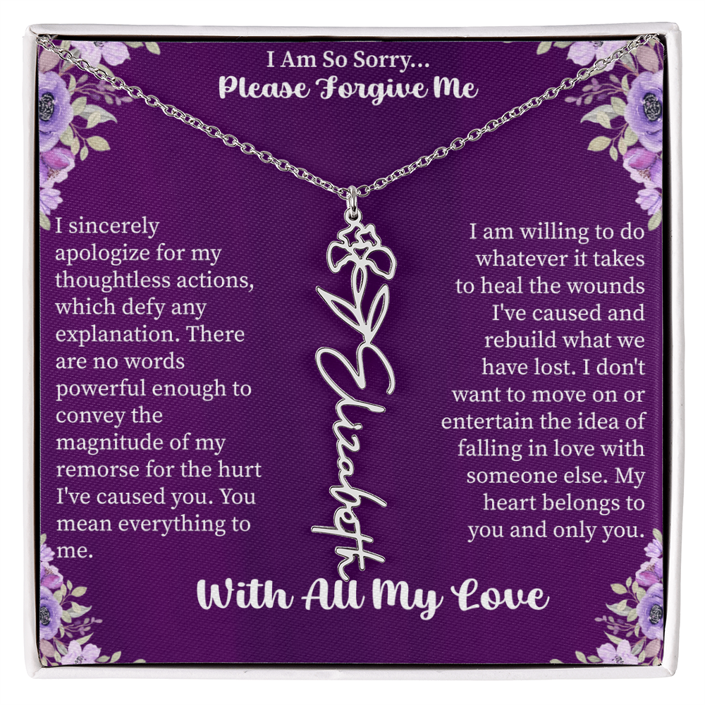 I'm So Sorry Please Forgive Me Flower Name Necklace – Apology Gift – Personalized Floral Name Jewelry with Message Card