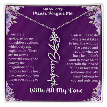 I'm So Sorry Please Forgive Me Flower Name Necklace – Apology Gift – Personalized Floral Name Jewelry with Message Card