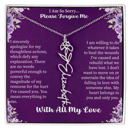 I'm So Sorry Please Forgive Me Flower Name Necklace – Apology Gift – Personalized Floral Name Jewelry with Message Card
