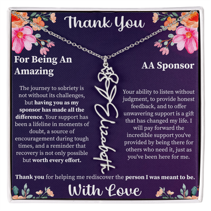 Thank You Flower Name Necklace – Personalized Appreciation Gift – Custom Floral Name Jewelry with Message Card