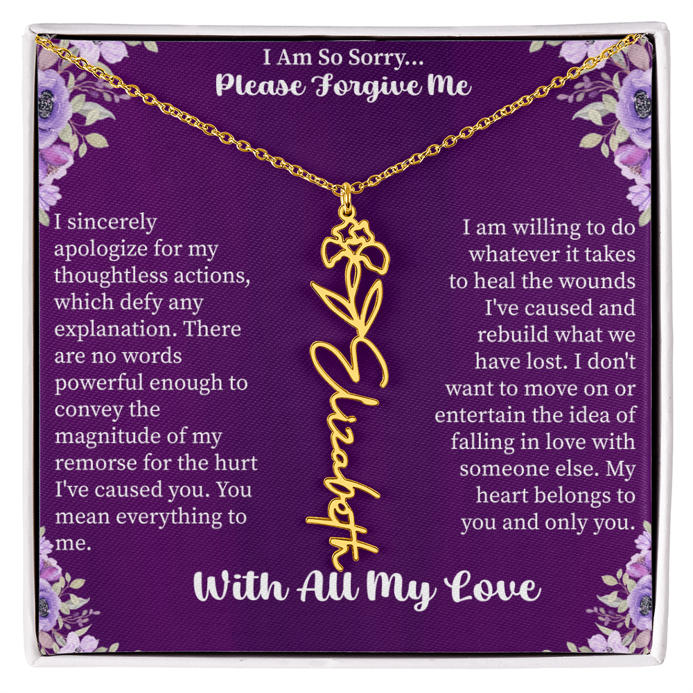 I'm So Sorry Please Forgive Me Flower Name Necklace – Apology Gift – Personalized Floral Name Jewelry with Message Card