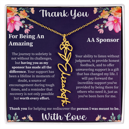 Thank You Flower Name Necklace – Personalized Appreciation Gift – Custom Floral Name Jewelry with Message Card
