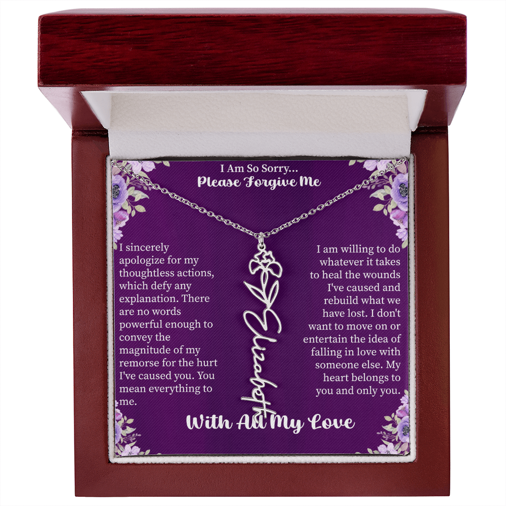 I'm So Sorry Please Forgive Me Flower Name Necklace – Apology Gift – Personalized Floral Name Jewelry with Message Card