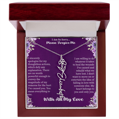 I'm So Sorry Please Forgive Me Flower Name Necklace – Apology Gift – Personalized Floral Name Jewelry with Message Card