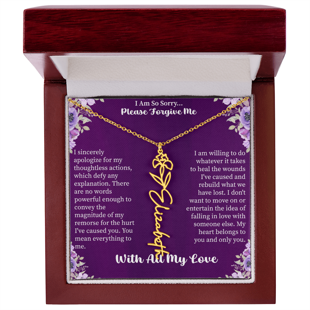 I'm So Sorry Please Forgive Me Flower Name Necklace – Apology Gift – Personalized Floral Name Jewelry with Message Card