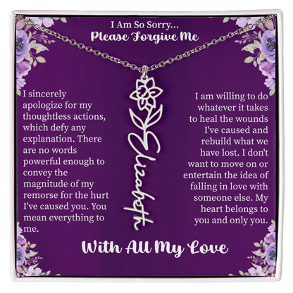 I'm So Sorry Please Forgive Me Flower Name Necklace – Apology Gift – Personalized Floral Name Jewelry with Message Card
