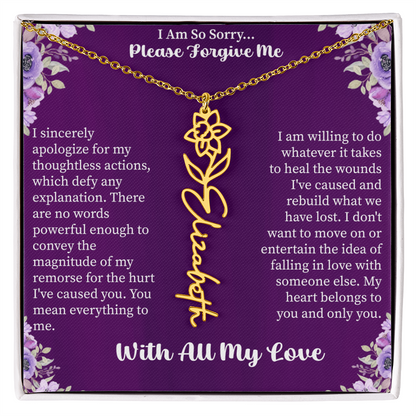 I'm So Sorry Please Forgive Me Flower Name Necklace – Apology Gift – Personalized Floral Name Jewelry with Message Card
