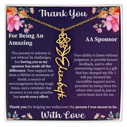 Thank You Flower Name Necklace – Personalized Appreciation Gift – Custom Floral Name Jewelry with Message Card