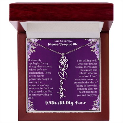 I'm So Sorry Please Forgive Me Flower Name Necklace – Apology Gift – Personalized Floral Name Jewelry with Message Card