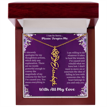 I'm So Sorry Please Forgive Me Flower Name Necklace – Apology Gift – Personalized Floral Name Jewelry with Message Card