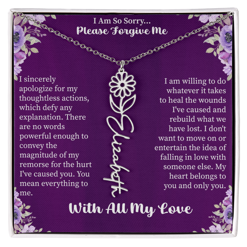 I'm So Sorry Please Forgive Me Flower Name Necklace – Apology Gift – Personalized Floral Name Jewelry with Message Card