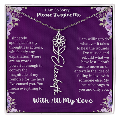 I'm So Sorry Please Forgive Me Flower Name Necklace – Apology Gift – Personalized Floral Name Jewelry with Message Card