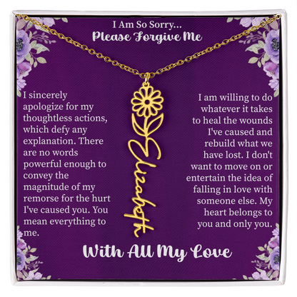 I'm So Sorry Please Forgive Me Flower Name Necklace – Apology Gift – Personalized Floral Name Jewelry with Message Card