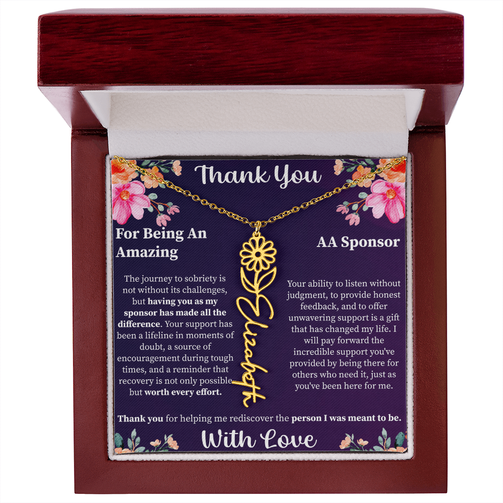 Thank You Flower Name Necklace – Personalized Appreciation Gift – Custom Floral Name Jewelry with Message Card