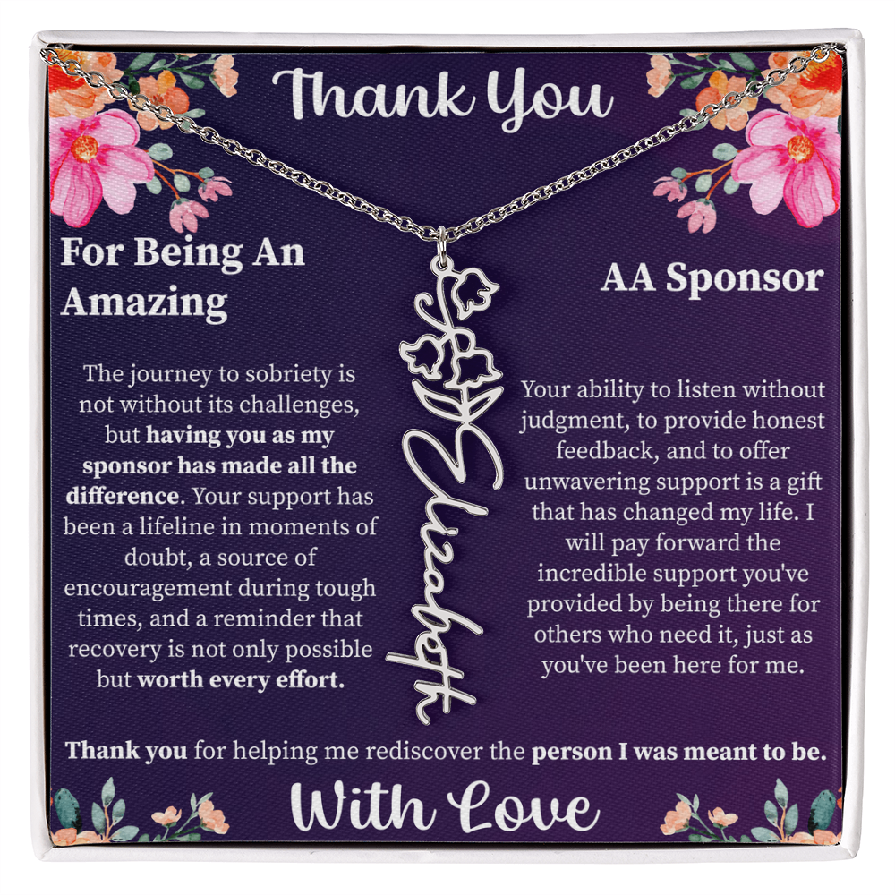 Thank You Flower Name Necklace – Personalized Appreciation Gift – Custom Floral Name Jewelry with Message Card