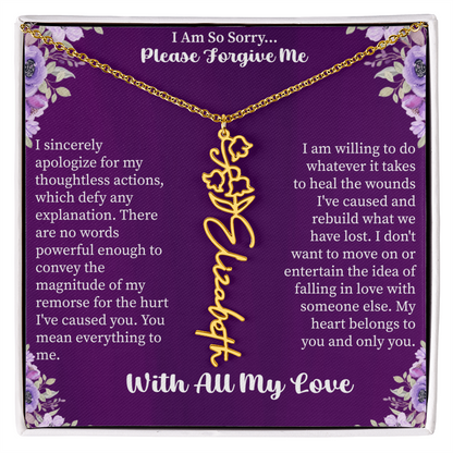 I'm So Sorry Please Forgive Me Flower Name Necklace – Apology Gift – Personalized Floral Name Jewelry with Message Card