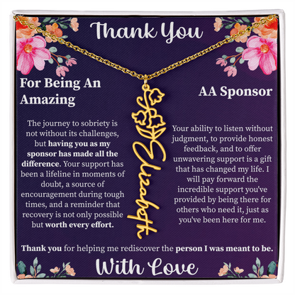 Thank You Flower Name Necklace – Personalized Appreciation Gift – Custom Floral Name Jewelry with Message Card