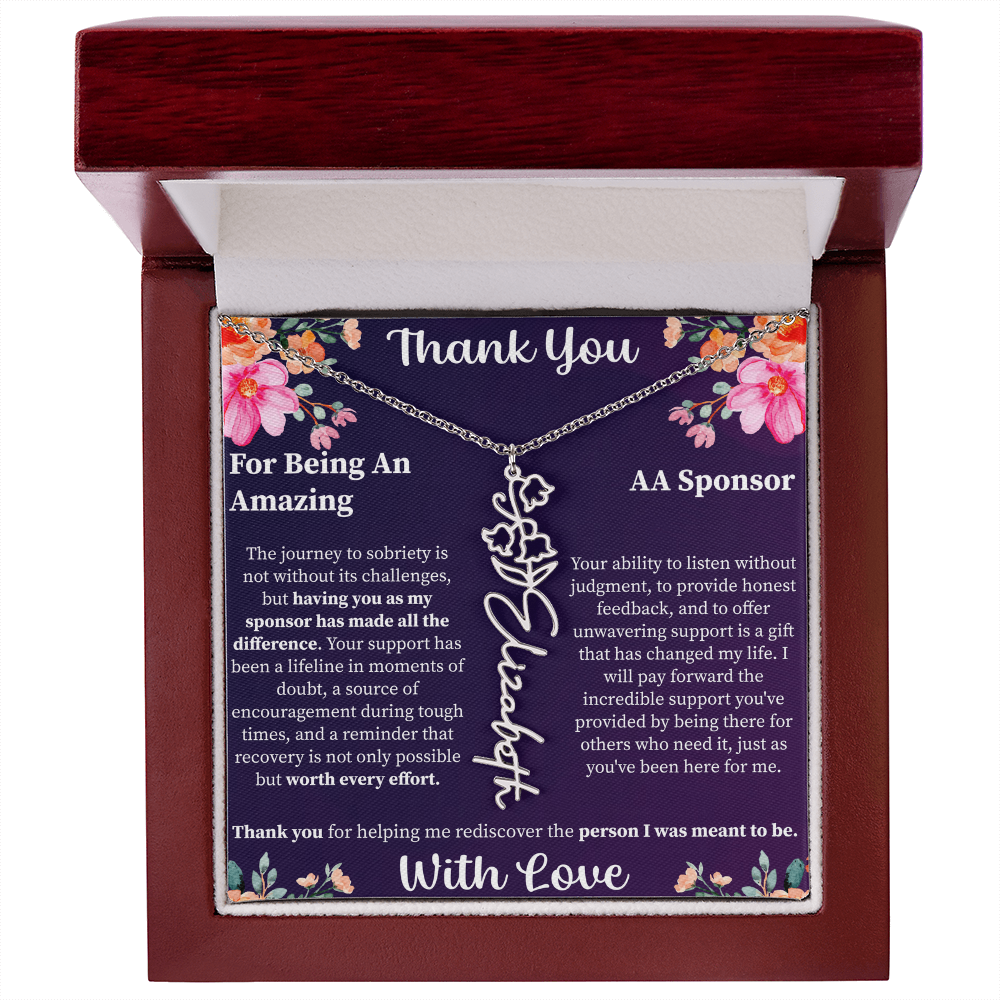 Thank You Flower Name Necklace – Personalized Appreciation Gift – Custom Floral Name Jewelry with Message Card