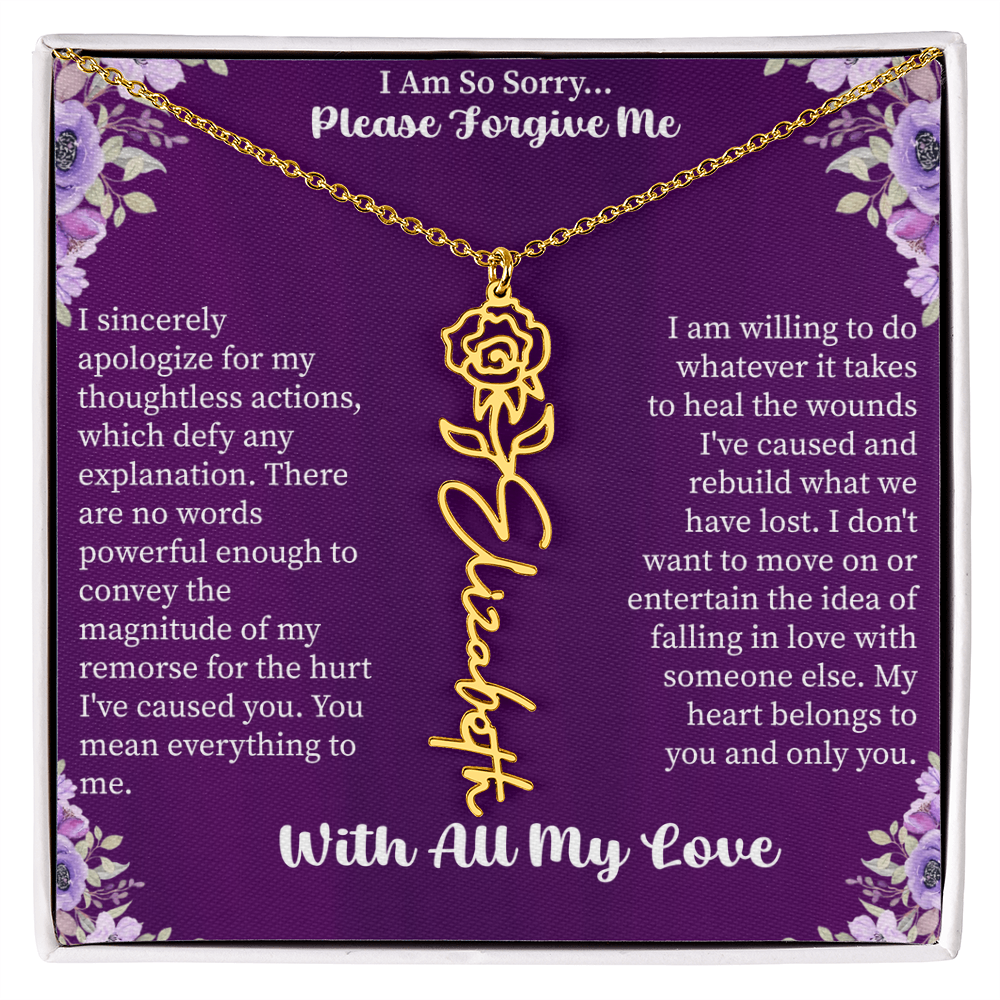 I'm So Sorry Please Forgive Me Flower Name Necklace – Apology Gift – Personalized Floral Name Jewelry with Message Card