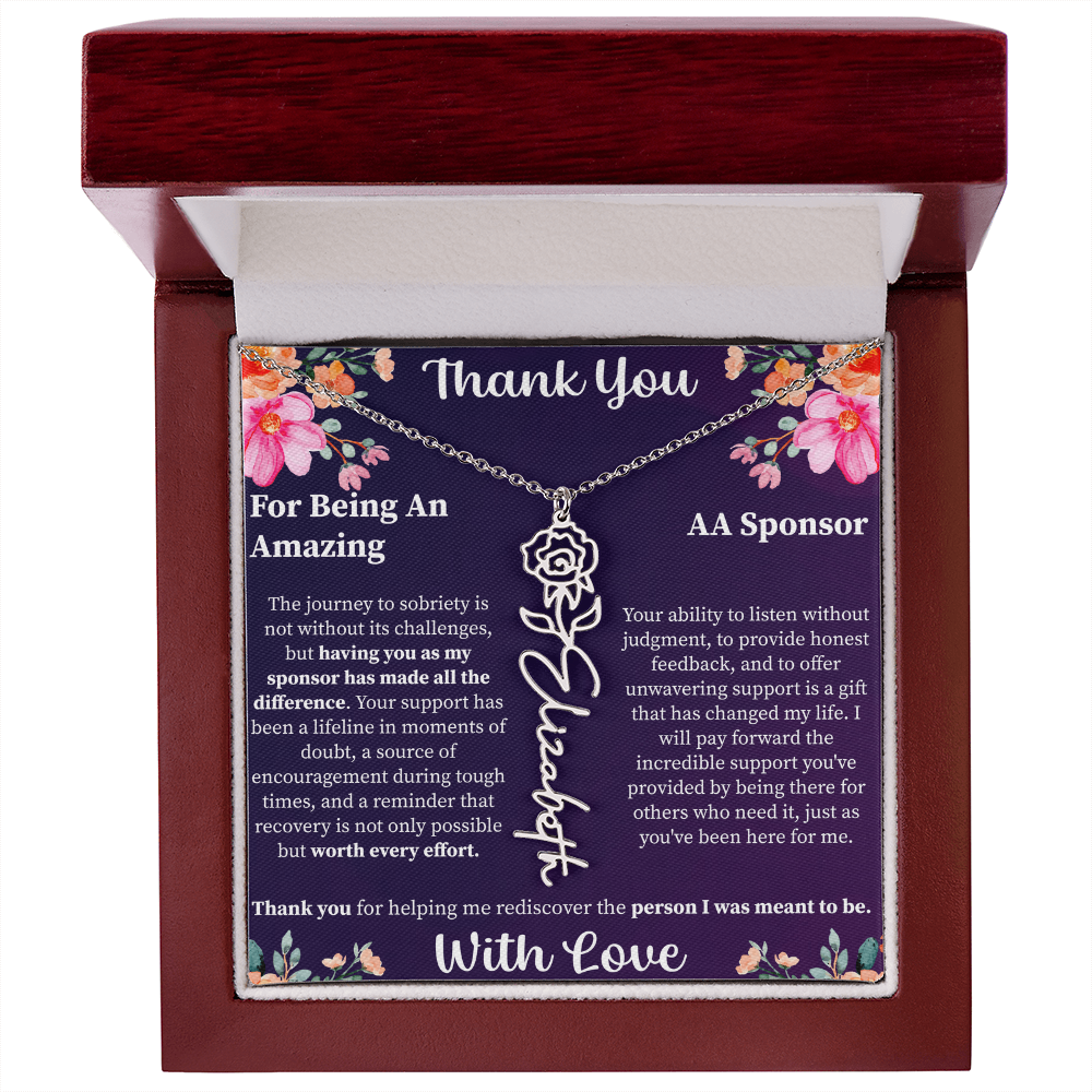 Thank You Flower Name Necklace – Personalized Appreciation Gift – Custom Floral Name Jewelry with Message Card