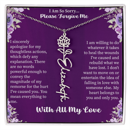 I'm So Sorry Please Forgive Me Flower Name Necklace – Apology Gift – Personalized Floral Name Jewelry with Message Card