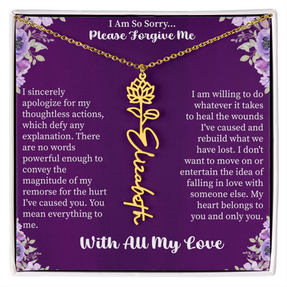 I'm So Sorry Please Forgive Me Flower Name Necklace – Apology Gift – Personalized Floral Name Jewelry with Message Card