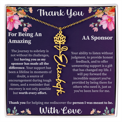 Thank You Flower Name Necklace – Personalized Appreciation Gift – Custom Floral Name Jewelry with Message Card