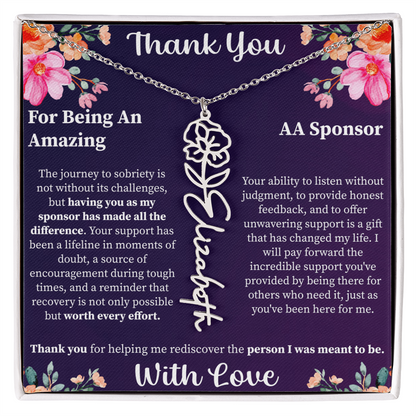 Thank You Flower Name Necklace – Personalized Appreciation Gift – Custom Floral Name Jewelry with Message Card