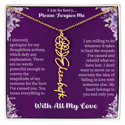 I'm So Sorry Please Forgive Me Flower Name Necklace – Apology Gift – Personalized Floral Name Jewelry with Message Card