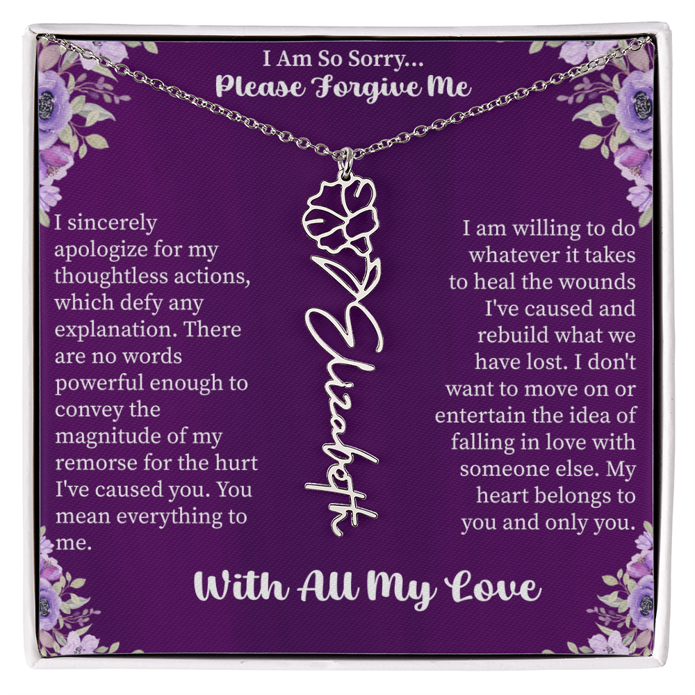 I'm So Sorry Please Forgive Me Flower Name Necklace – Apology Gift – Personalized Floral Name Jewelry with Message Card