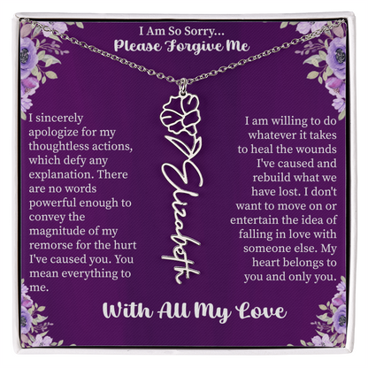 I'm So Sorry Please Forgive Me Flower Name Necklace – Apology Gift – Personalized Floral Name Jewelry with Message Card