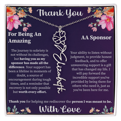 Thank You Flower Name Necklace – Personalized Appreciation Gift – Custom Floral Name Jewelry with Message Card