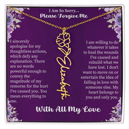 I'm So Sorry Please Forgive Me Flower Name Necklace – Apology Gift – Personalized Floral Name Jewelry with Message Card