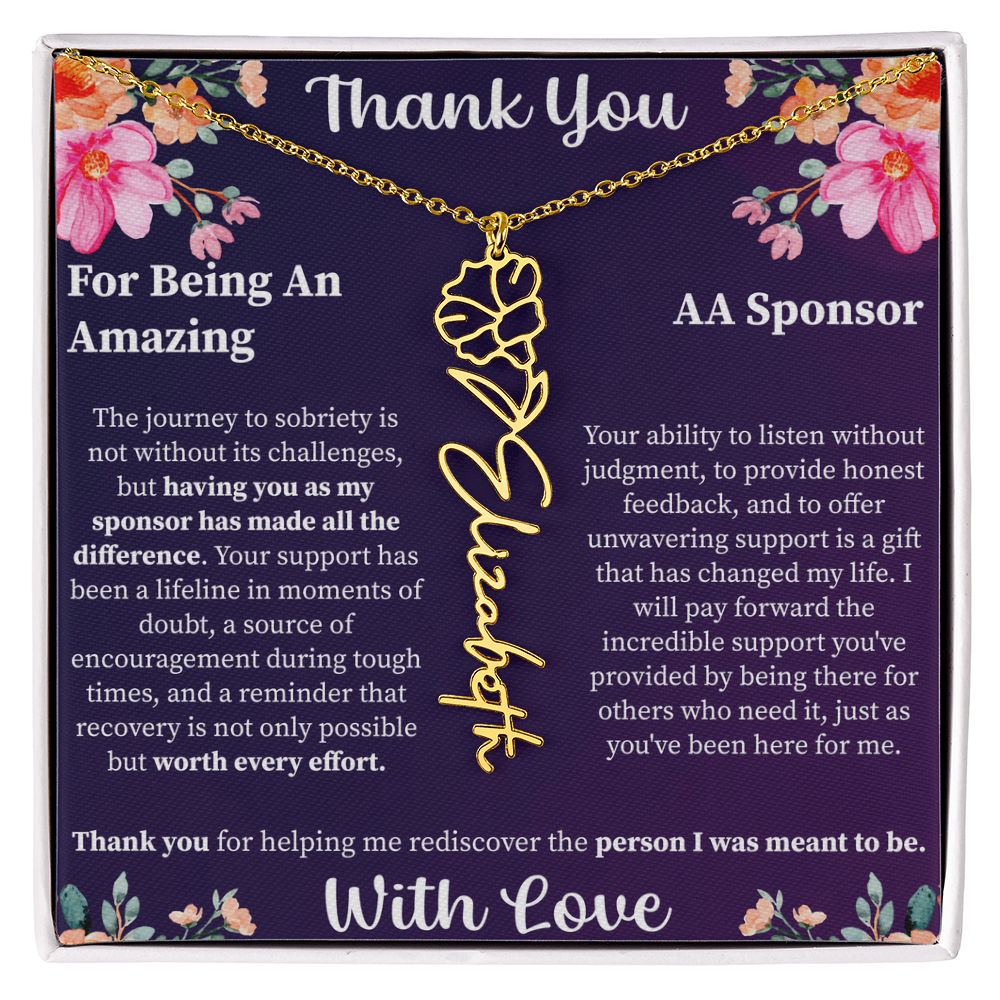 Thank You Flower Name Necklace – Personalized Appreciation Gift – Custom Floral Name Jewelry with Message Card