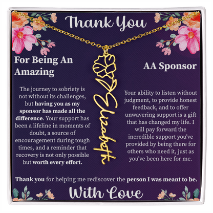 Thank You Flower Name Necklace – Personalized Appreciation Gift – Custom Floral Name Jewelry with Message Card