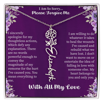 I'm So Sorry Please Forgive Me Flower Name Necklace – Apology Gift – Personalized Floral Name Jewelry with Message Card