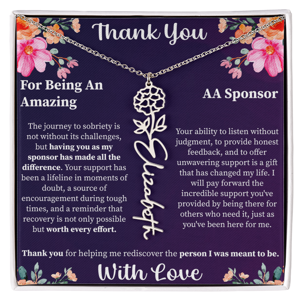 Thank You Flower Name Necklace – Personalized Appreciation Gift – Custom Floral Name Jewelry with Message Card