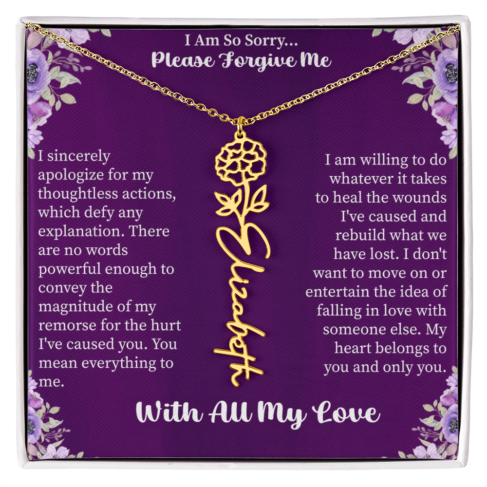 I'm So Sorry Please Forgive Me Flower Name Necklace – Apology Gift – Personalized Floral Name Jewelry with Message Card