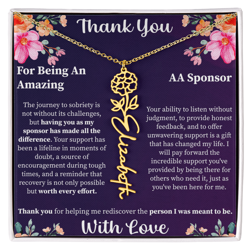 Thank You Flower Name Necklace – Personalized Appreciation Gift – Custom Floral Name Jewelry with Message Card