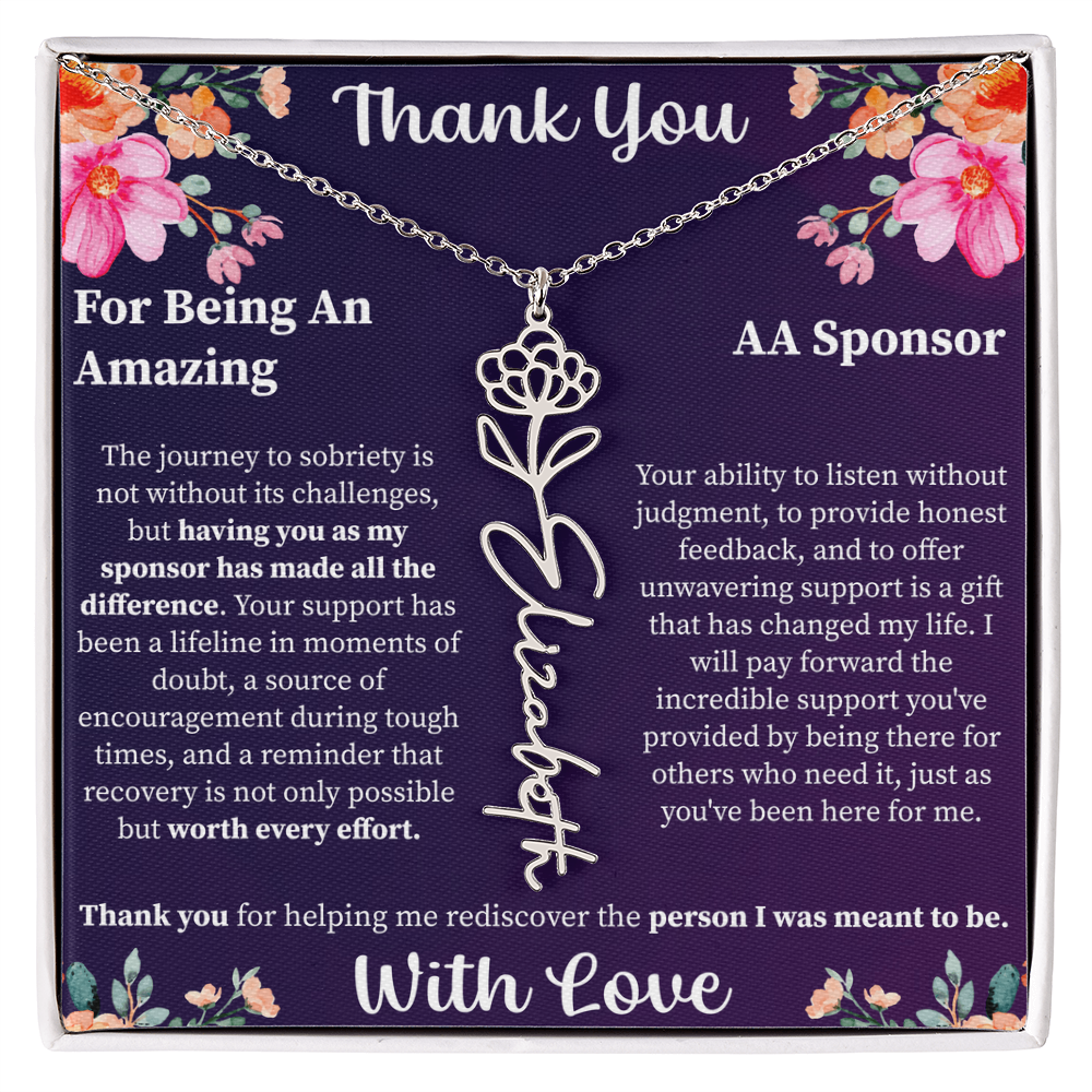 Thank You Flower Name Necklace – Personalized Appreciation Gift – Custom Floral Name Jewelry with Message Card