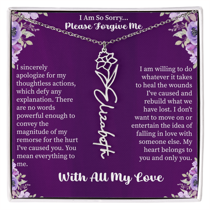 I'm So Sorry Please Forgive Me Flower Name Necklace – Apology Gift – Personalized Floral Name Jewelry with Message Card