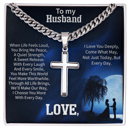 Artisan Cross Necklace for Husband – To My Husband Gift – Cuban Link Chain Jewelry for Anniversary or Birthday