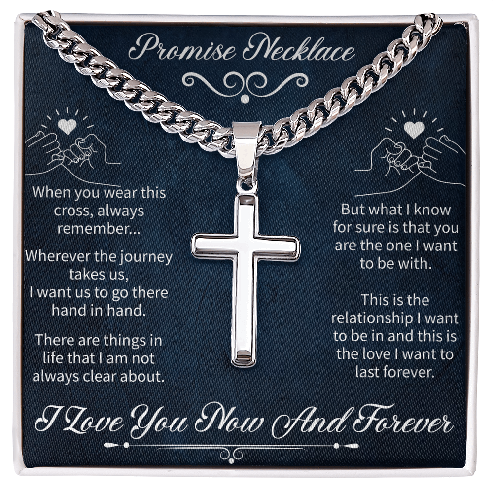 Artisan Cross Promise Necklace – Cuban Link Chain Jewelry – Inspirational Promise Gift for Him