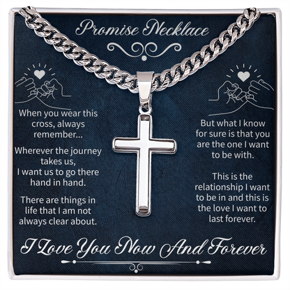 Artisan Cross Promise Necklace – Cuban Link Chain Jewelry – Inspirational Promise Gift for Him