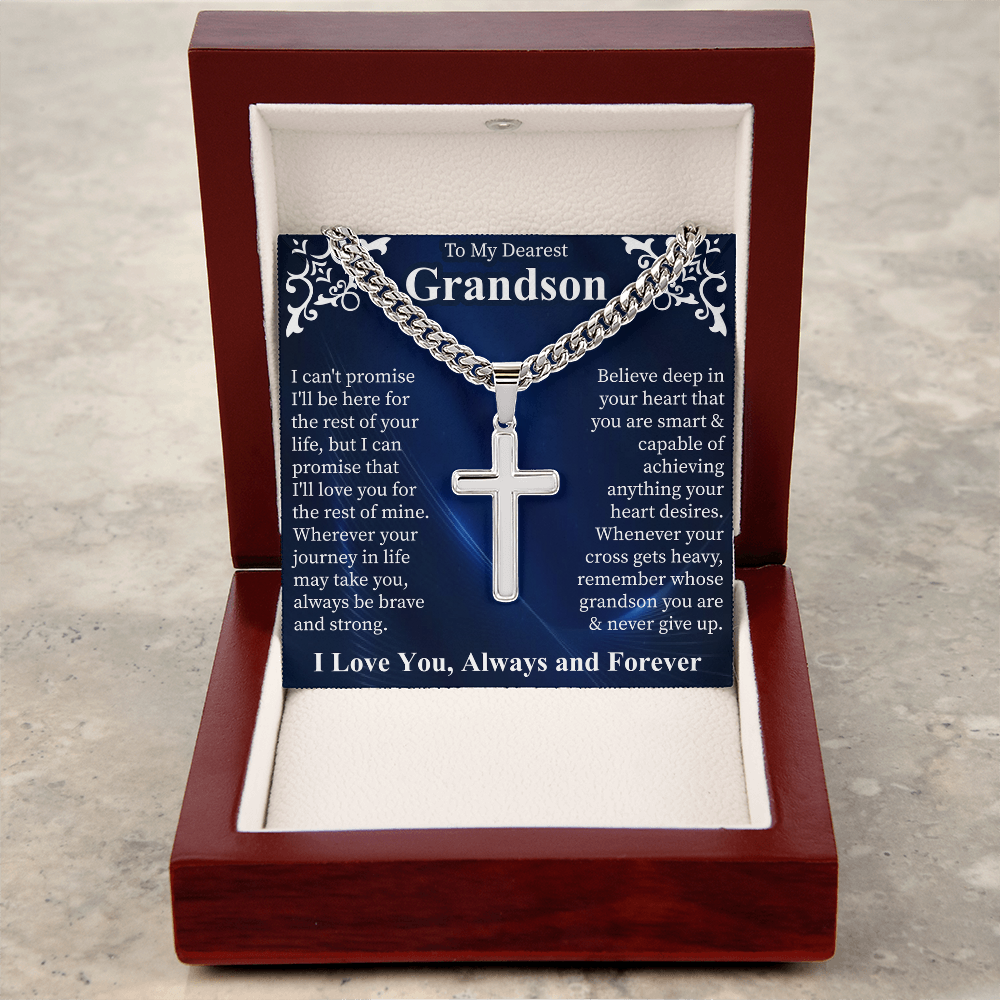 To My Dearest Grandson Artisan Cross Necklace, Cuban Link Chain for Men, Grandson Gift from Grandma, Mens Cross Jewelry, Birthday Gift for Him